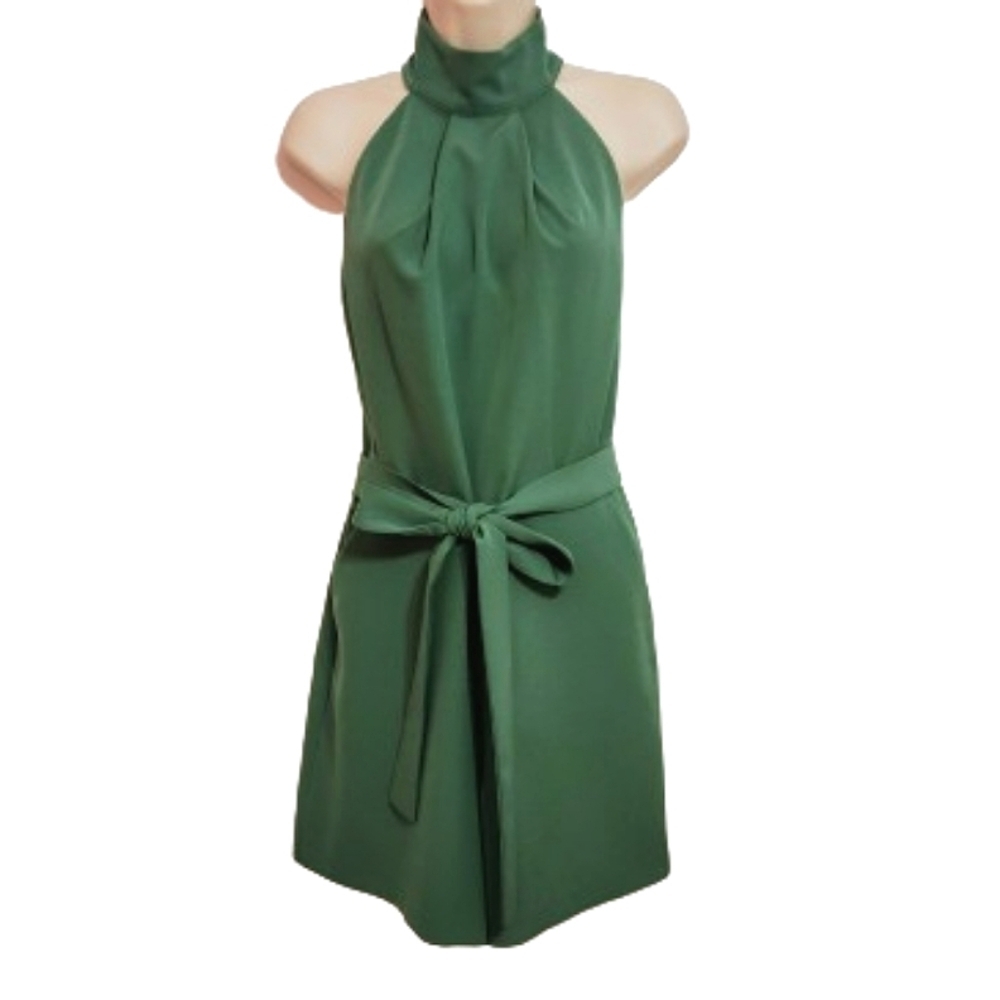 New York & Company | Halter Sleeveless Belted Stretch Short Romper Green Small